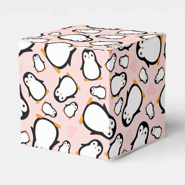 Cute Penguin Baby Shower Pink Girl Favour Box (Front Side)