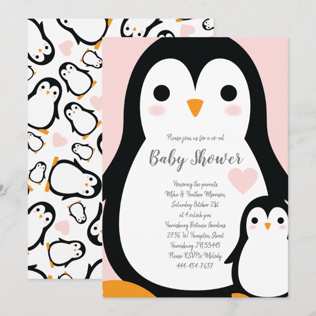 Cute Penguin Baby Shower Pink Girl Invitation (Front/Back)