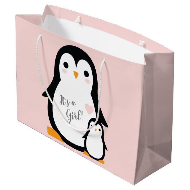 Cute Penguin Baby Shower Pink Girl Large Gift Bag (Back Angled)
