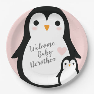 Cute Penguin Baby Shower Pink Girl Paper Plate