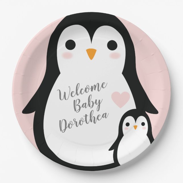 Cute Penguin Baby Shower Pink Girl Paper Plate (Front)