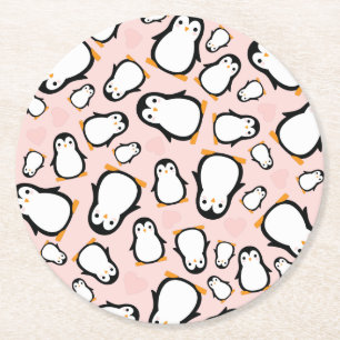 Cute Penguin Baby Shower Pink Girl Round Paper Coaster