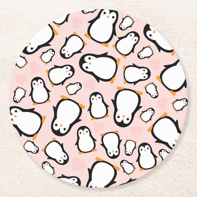 Cute Penguin Baby Shower Pink Girl Round Paper Coaster (Front)