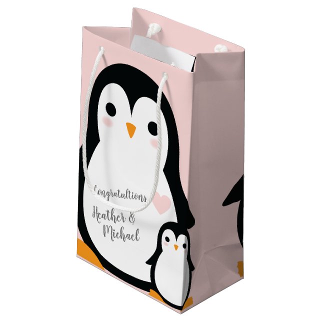 Cute Penguin Baby Shower Pink Girl Small Gift Bag (Back Angled)