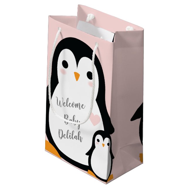 Cute Penguin Baby Shower Pink Girl Small Gift Bag (Back Angled)