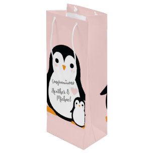 Cute Penguin Baby Shower Pink Girl Wine Gift Bag