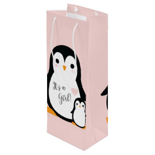 Cute Penguin Baby Shower Pink Girl Wine Gift Bag