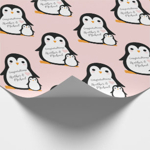 Cute Penguin Baby Shower Pink Girl Wrapping Paper