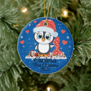 Cute Penguin Baby's First Christmas Blue Ceramic Tree Decoration