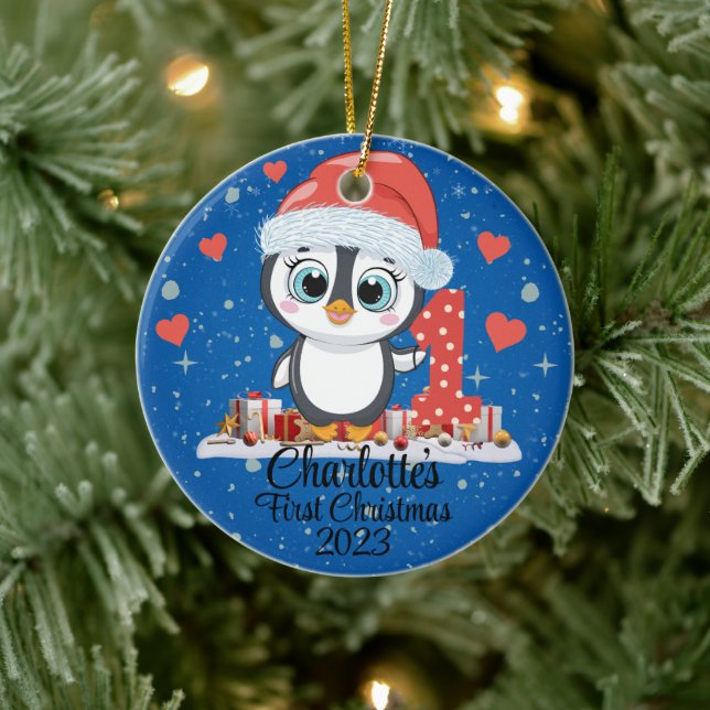 Cute Penguin Baby's First Christmas Blue  Ceramic Tree Decoration (Tree)