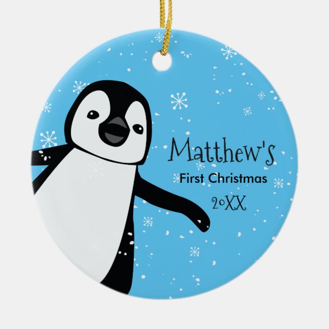 Cute Penguin.Baby's First Christmas Custom Name Ceramic Tree Decoration (Front)