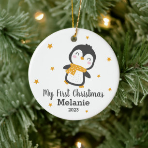 Cute penguin baby's first christmas on white ceram ceramic tree decoration