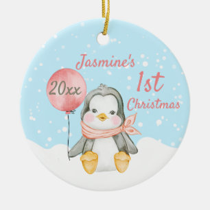 Cute Penguin Baby's First Christmas Pink Ceramic Tree Decoration