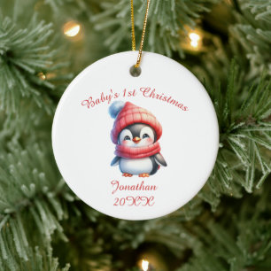 Cute Penguin Baby's First Personalized Ceramic Tree Decoration