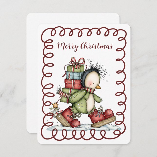 Cute Penguin Backpacking A Load of Christmas Gifts Holiday Card (Front/Back)