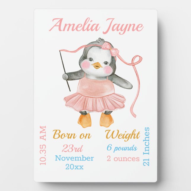 Cute Penguin Ballerina Pink Baby Girl Stats  Plaque (Front)