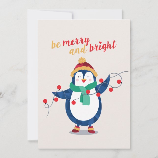 Cute Penguin Be Merry and Bright Christmas Holiday Card (Front)
