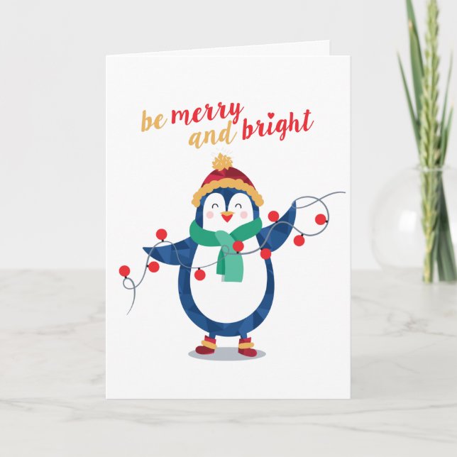Cute Penguin Be Merry and Bright Christmas Holiday Card (Front)