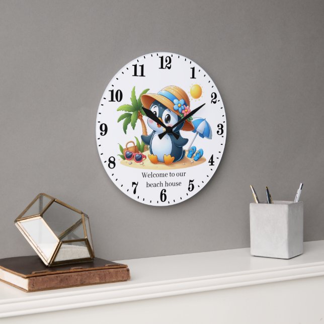 Cute penguin beach house  large clock (Office)