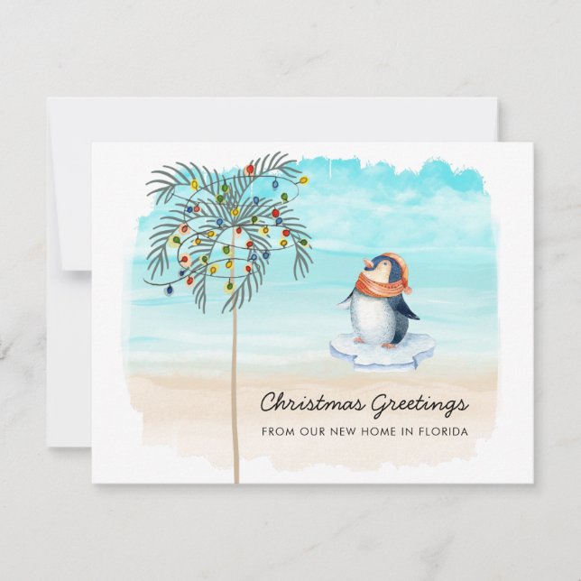 Cute Penguin Beach Scene Family Holiday Moving Announcement (Front)