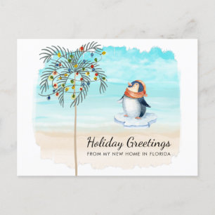 Cute Penguin Beach Scene Palm Tree Holiday Moving Announcement Postcard