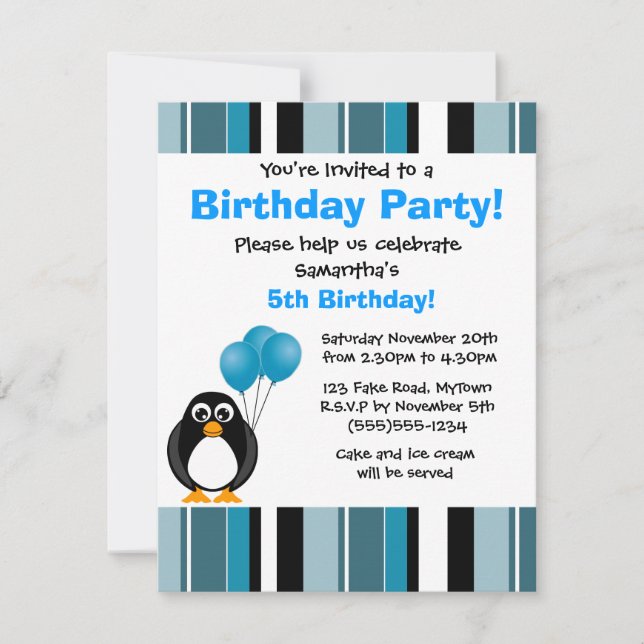 Cute Penguin Birthday Blue Stripe Party Invitation (Front)