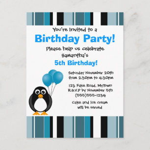 Cute Penguin Birthday Blue Stripe Party Invitation