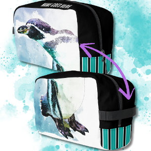Cute Penguin Black and Teal Watercolor Travel Dopp Kit