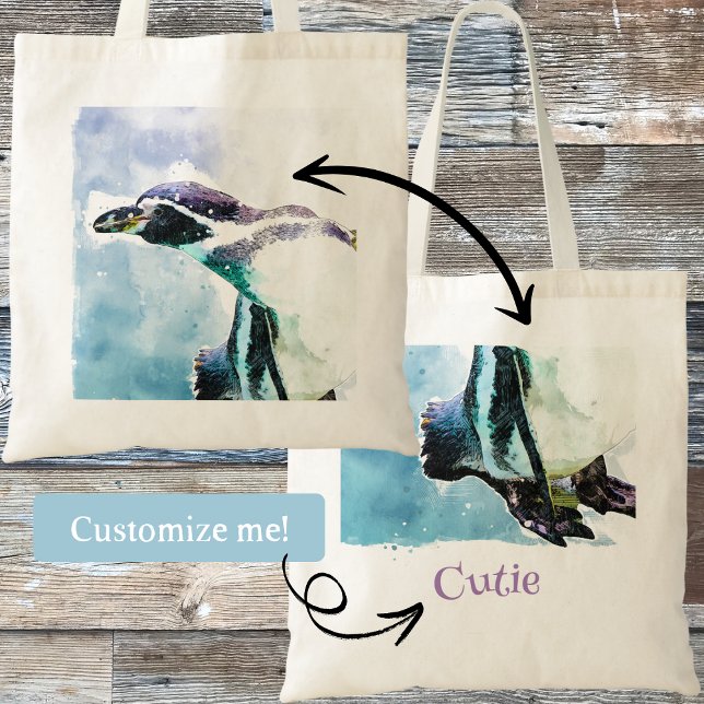 Cute Penguin Black and White Watercolor Kids Tote Bag (This cute penguin in watercolor style is customizable with a word or name of your choice. )