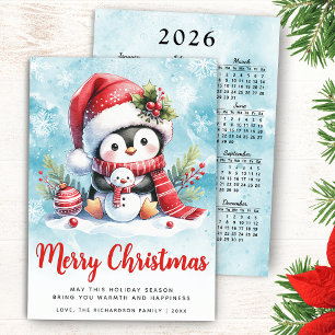 Cute Penguin Blue and Red Merry Christmas Holiday Card