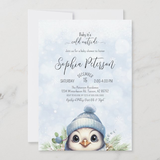 Cute Penguin Blue Boy Winter Baby Shower Invitation (Front)
