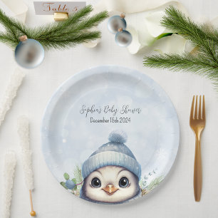 Cute Penguin Blue Boy Winter Baby Shower Paper Plate