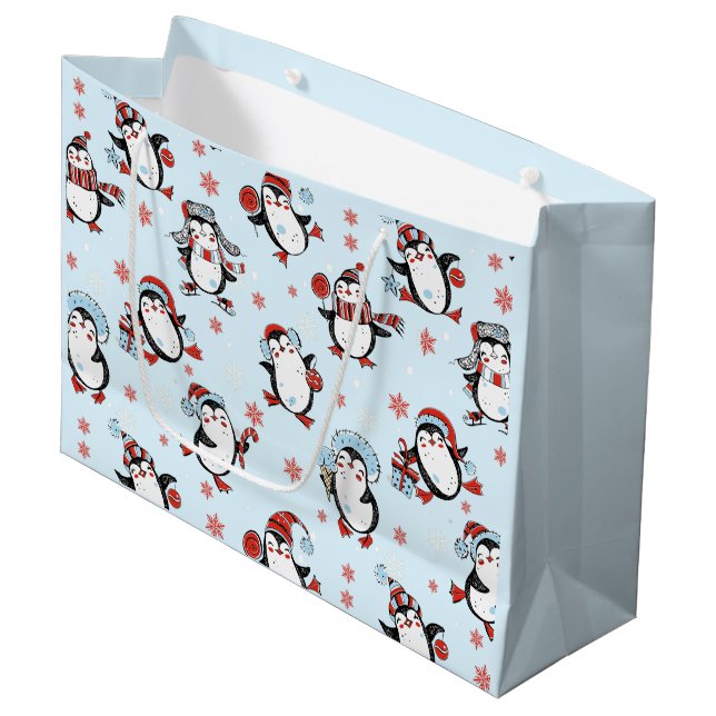 Cute Penguin Blue Christmas Large Gift Bag (Front Angled)