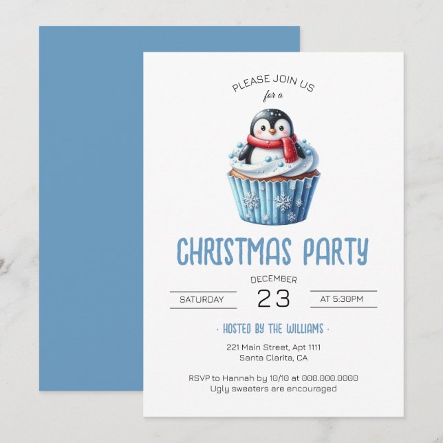 Cute Penguin Blue Christmas Party Invitation (Front/Back)