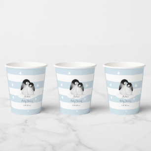 Cute Penguin Blue Grey Baby Shower Paper Cups