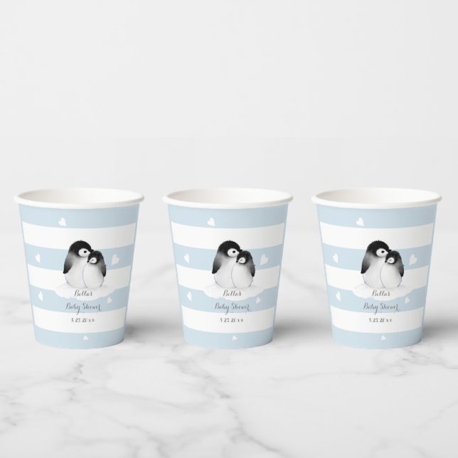 Cute Penguin Blue Grey Baby Shower Paper Cups (Multi)