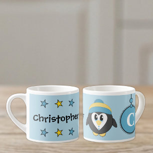 Cute penguin blue yellow with stars child's espresso cup