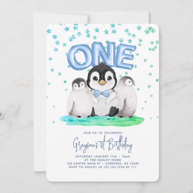 Cute Penguin Boys 1st Birthday Invitation (Front)
