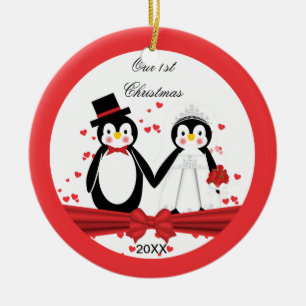 Cute Penguin Bride & Groom Wedding 1st Christmas Ceramic Tree Decoration