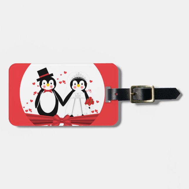 Cute Penguin Bride & Groom Wedding Luggage Tag (Front Horizontal)
