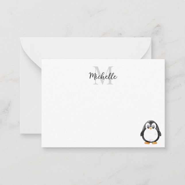 Cute Penguin Cartoon Blank Custom Monogram Card (Front)