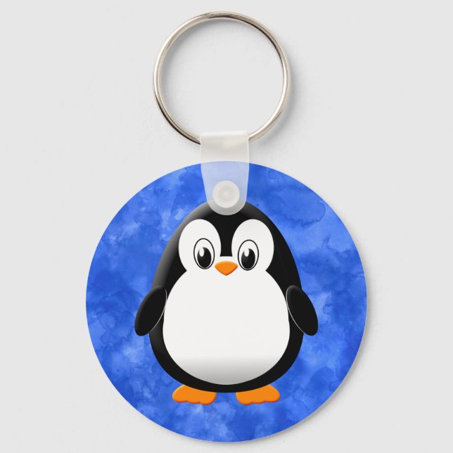 Cute Penguin Cartoon Blue Watercolor Key Ring (Front)