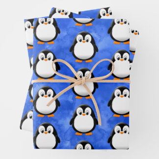 Cute Penguin Cartoon Blue Watercolor Wrapping Paper Sheet