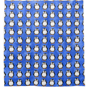 Cute Penguin Cartoon Custom Blue Watercolor Shower Curtain