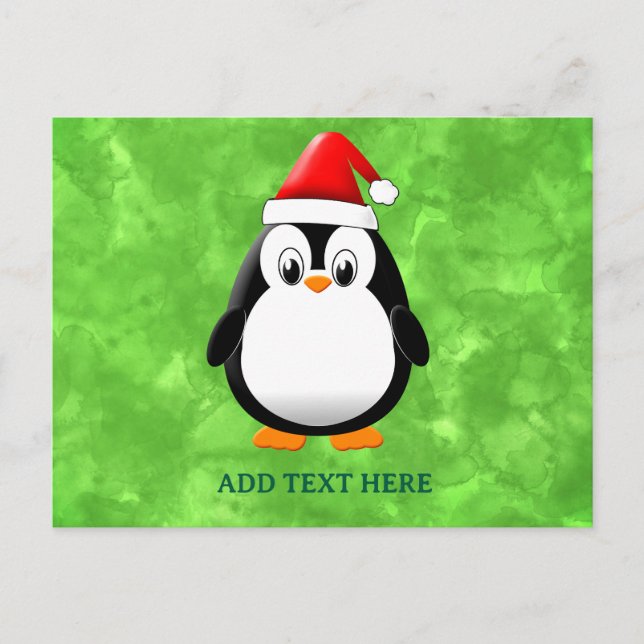 Cute Penguin Cartoon Custom Christmas Green Postcard (Front)