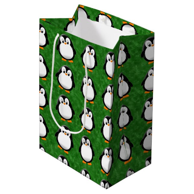 Cute Penguin Cartoon Custom Green Watercolor Medium Gift Bag (Front Angled)