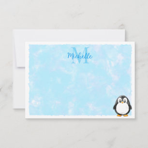 Cute Penguin Cartoon Custom Monogram Pastel Blue Card