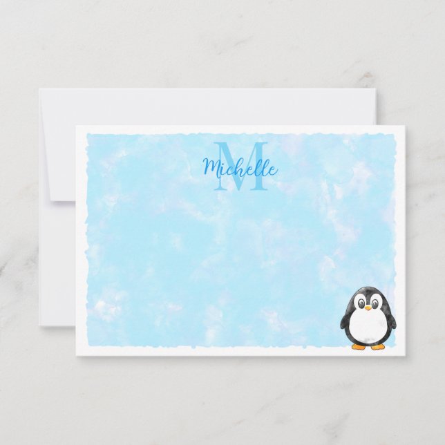 Cute Penguin Cartoon Custom Monogram Pastel Blue Card (Front)