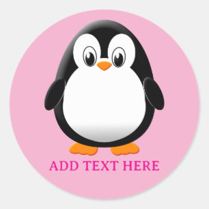 Cute Penguin Cartoon Custom Pink Classic Round Sticker