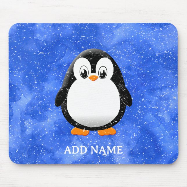 Cute Penguin Cartoon Custom Winter Blue Watercolor Mouse Mat (Front)